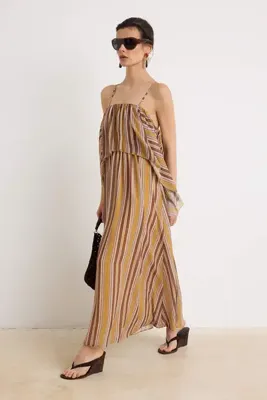 TRENDYOLMİLLA Çok Renkli Çizgili Kare Yaka A-Kesim/Çan Form Maxi Dokuma Elbise TWOSS26EL00647
