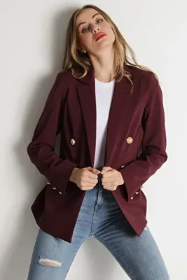 Select Moda Kadın Mürdüm Gold Düğmeli Blazer Ceket