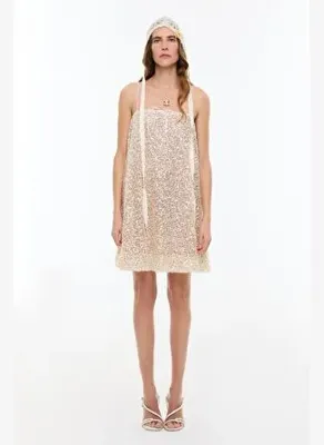 Roman Payetli Mini Elbise Bej YY011504_024