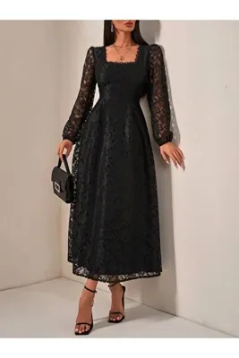 mass fashion Kadın Kare Yaka Dantel Detaylı Uzun Elbise