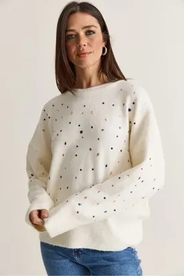Bianco Lucci Kadın Ekru Kristal Taş İşlemeli Bisiklet Yaka Oversize Yumuşak Dokulu Triko Kazak 2893 60286774