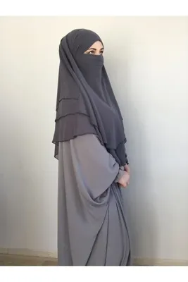 MERVERA Sufle Eşarp Khimar Tesettür Peçeli,peçesiz Sufle Üç Katlı Şifon Gri