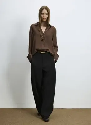 LUFIAN NATA Kahve Kadın Bebe Yaka Regular Fit Saten Gömlek