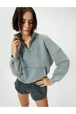 Koton Şardonlu Yarım Fermuarlı Sweatshirt Dik Yaka Kanguru Cepli Soluk Efektli