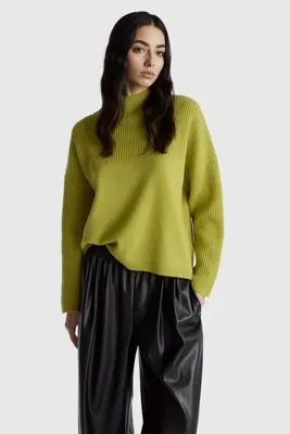 United Colors of Benetton Kadın Açık Yeşil %100 Yün Dik Yaka Relaxed Fit Kazak