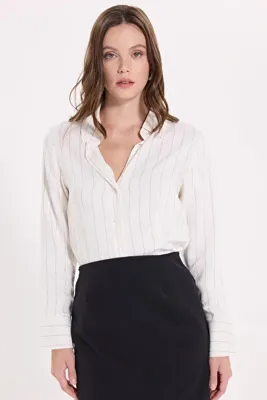 Tudors Kadın Slim Fit Dar Kesim Çizgili Viskon Yumuşak Dokulu Uzun Kollu Pensli Ekru Gömlek