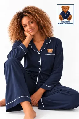 ELİTOL Kadın Uzun Kol Pamuklu Ayı Nakışlı Cepli Lacivert Premium Düğmeli Pijama Takım