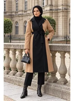 hafsamina İki Renkli Kuşaklı Trençkot Camel HM2983