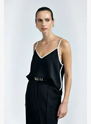 Sateen Kontrast Askılı Bluz - Siyah