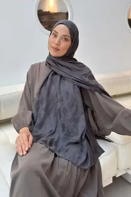 lamelif Ağaçdalı Desen Ayrobin Floş Jakar Şal Antrasit