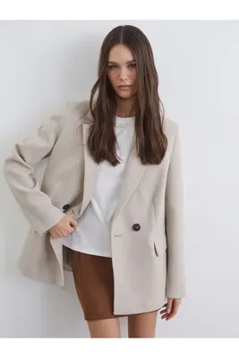 LC Waikiki LCW VisionBej Kruvaze Yaka Kadın Kaşe Blazer Ceket