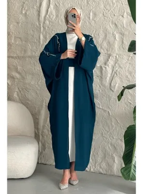 InStyle Sarmaşık Desen Taşlı Elbiseli Abaya Petrol Mavisi