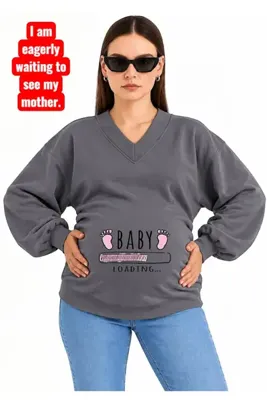 BENROMA PLUS 3 İPLİK PENYE BABY LOADİNG BASKILI HAMİLE V YAKA SWEATSHIRT JR2