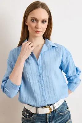 Olalook Kadın Mavi Dokulu Hafif Transparan Loose Fit Gömlek GML-19001408