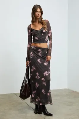 Grimelange BEULAH Kadın Maxi Boy Slim Fit Beli Lastikli Tül Batik Desenli Kahverengi-Çiçek Desenli Etek