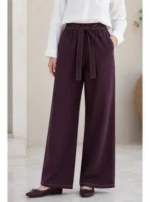 İmaj Butik Mürdüm Kemerli Kot Palazzo Pantolon