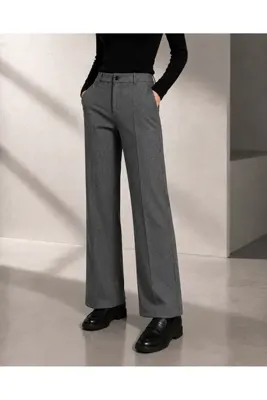 Megslife Kadın Gri Melanj Kumaş Pantolon Yüksek Bel Rahat Kalıp Geniş Paça