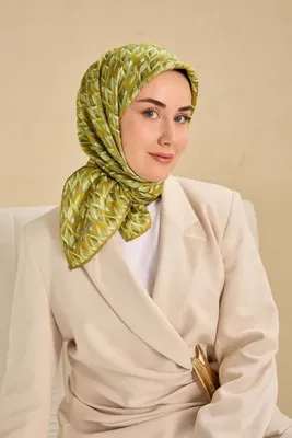 Silk Home Twill İpek Eşarp Yaprak Ritmi Yeşil Hardal 90x90