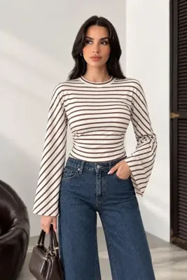 Potenza Kadın Sweatshirt Uzun Kollu Çizgili Bisiklet Yaka İspanyol Yarasa Kol Beli Büzgülü Kısa Bluz