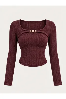 Wildco Bordo Fitilli Triko Gold Tokalı Kare Yaka Uzun Kollu Crop Bluz, Bordo Gold Taş Aksesuarlı Fitilli Triko Uzun Kollu Bluz