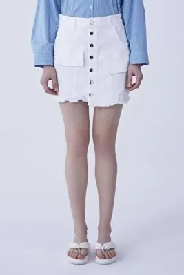 Roman Cep Detaylı Önü Düğmeli Beyaz Denim Mini Etek Beyaz Y2153902_002