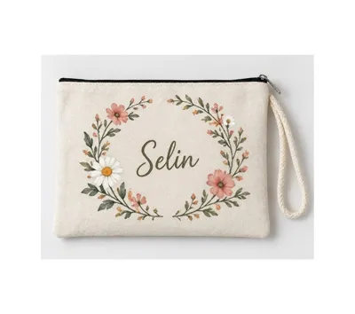 Mor Mürekkep Kişiye Özel Fiyonk Çiçek Çelengi Baskılı Fermuarlı Makyaj Çantası Bozuk Para Cüzdanı Clutch