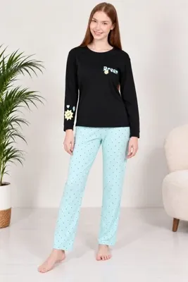 Genel Markalar Kadın Uzun Kollu İnterlok Kumaş Desenli Pijama Takımı %100 Pamuk
