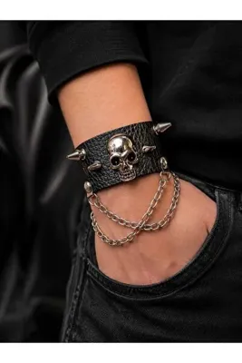 Corvus kolye&bileklik Gotik Kuru Kafa Zincirli Deri Bileklik Unisex Ayarlanabilir Kademeli