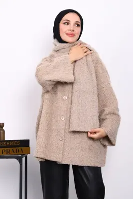 İmaj Butik Vizon Atkılı Detaylı Düğmeli Angora Ceket