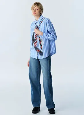 Twist Mavi Kadın Oversize Çizgili Gömlek TW6260025149089