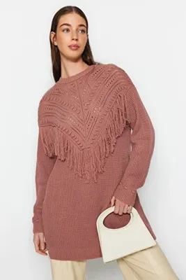 Trendyol Modest Gül Kurusu Ajur ve Püskül Detaylı Tiko Selanik Örgü Kazak TCTAW24AK00150