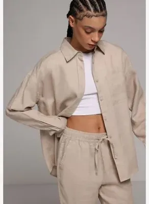 Colins Boyfriend Fit Shirt Neck Düz Kadın Bej Uzun Kol Gömlek