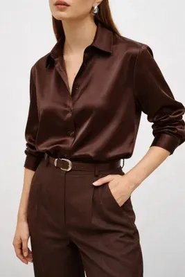 Ruby Wear Kadın Saten Dökümlü Rahat Kalıp Günlük Gömlek