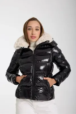 G-FOX Kadın Kısa Dik Peluş Yaka Çıkarılabilir Kapüşonlu Dolgulu Su İtici Şişme Mont 8507
