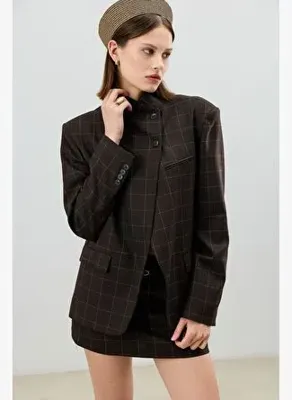 Antioch Kahve Kareli Dik Yaka Kadın Blazer Ceket