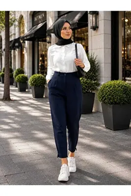 Puane Kadın ZRA Model Paçaları Düğme Detaylı Bilek Boy Yuksek Bel Pantolon