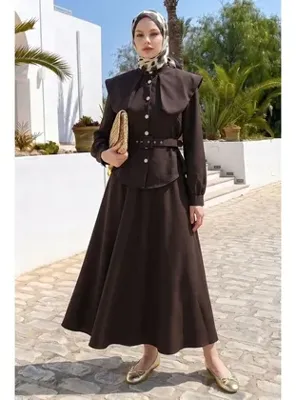 InStyle Geniş Bebe Yaka Etekli Acı Kahve Takım