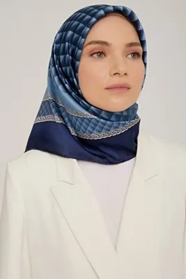 Armine Ipek Eşarp Twill 2022-2023 Sonbahar Kış-zincir Detaylı Mavi