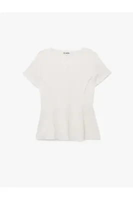 Koton Bürümcük Kumaş Hafif Peplum Kesim Nervürlü Bisiklet Yaka Kısa Kollu Bluz