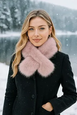 Axesoire 11248 Mango Kumaş Pembe İçten Geçmeli Kürk Atkı