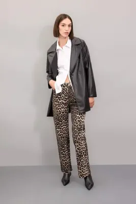 Defacto Straight Fit Leopar Gabardin Palazzo Pantolon Yüksek Bel Cepli Uzun D1229AX24AU