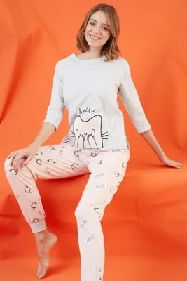 Sevim Kar Melanj Nakışlı Pijama Takımı