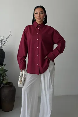 Lijuri Bordo Klasik Oversize Poplin Gömlek 3421 R8-H-K4