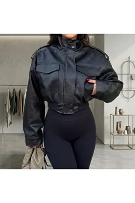 PRİFALDİ TURQUAZ STYLE Kadın Oversize Dik Yaka Cepli Bomber Apolet Yaka Siyah Deri Ceket