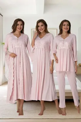 Genel Markalar Lohusa Hamile Dantel Detaylı Zarif 4l'ü pijama ve gecelik seti