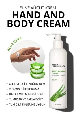 Momo Professional El Ve Vücut Kremi Aloe Vera Özlü, Yoğun Nemlendirici, Yenileyici Ve Onarıcı Etki, 250 Ml