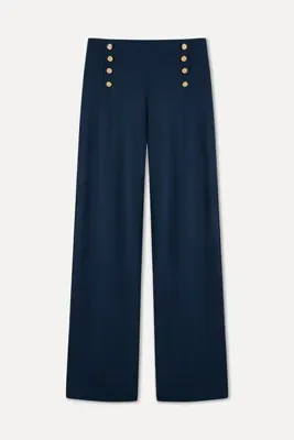 Mudo Kadın Lacivert Düğme Detaylı Wide Leg Pantolon