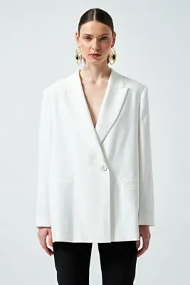 NAGRADA Vatkalı ve Tek Düğmeli Oversize Blazer Ceket - Ekru