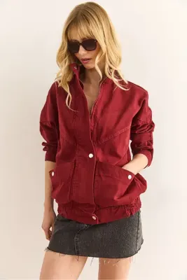 Olalook Kadın Bordo Cepli Fermuarlı Çıtçıtlı Uzun Denim Ceket CKT-19000258