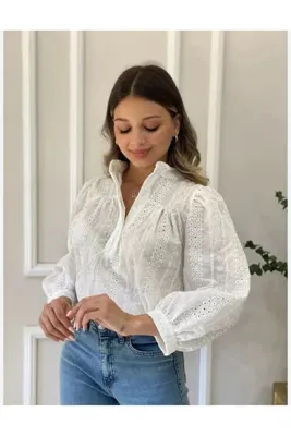 MetuCA Kadın Beyaz Fisto Dantel Garnili Hakim Yaka Pamuklu Pinterest Gömlek Bluz